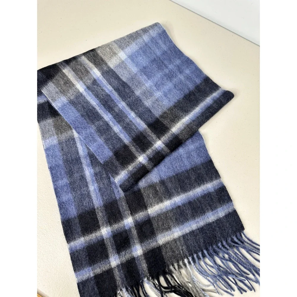 Joseph Abboud Scarf 100% Cashmere Blue Navy‎ Grey Plaid Fringed Preppy